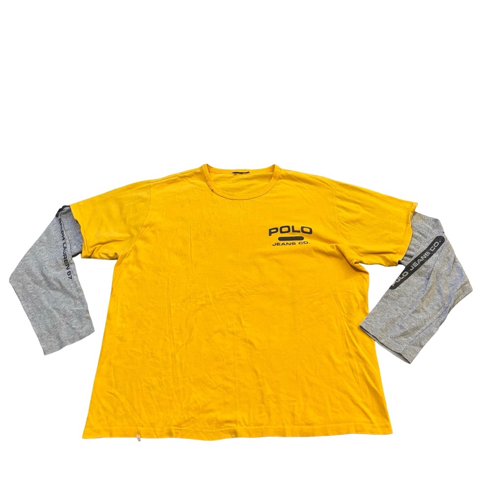 Polo Jeans Co Ralph Lauren Mens Yellow Grey Double Sleeve Graphic T-Shirt XL